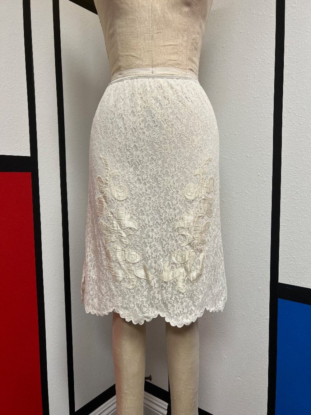 EUC Vintage 50s 60s Embroidered Applique Ivory Lace Slip Small